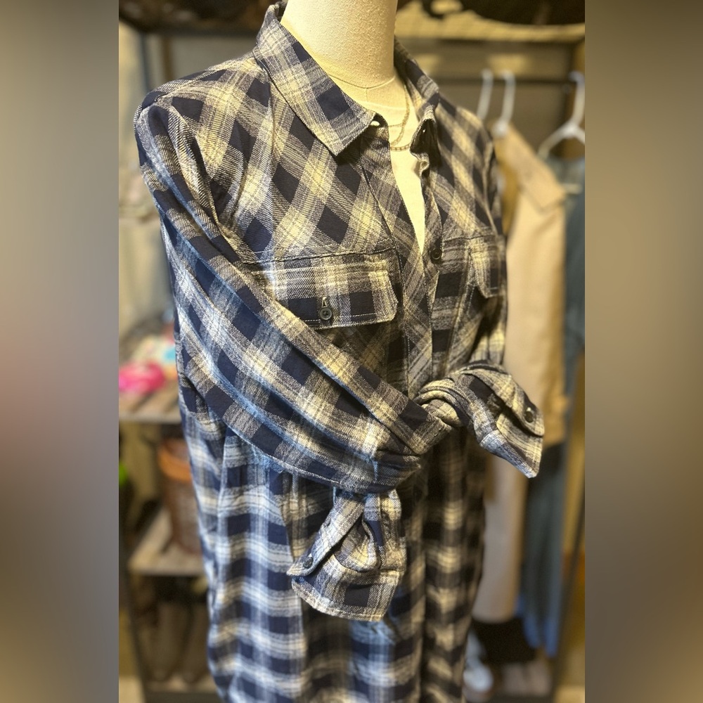 Madewell Daywalk Dress- Navy Blue & Cream Plaid Flannel- Size Large